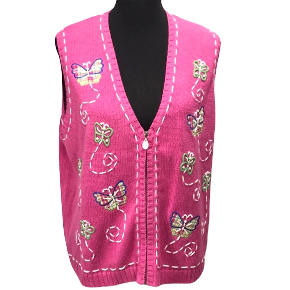 Mandal Bay Butterflies Knit Sweater Vest, Pink, Large
